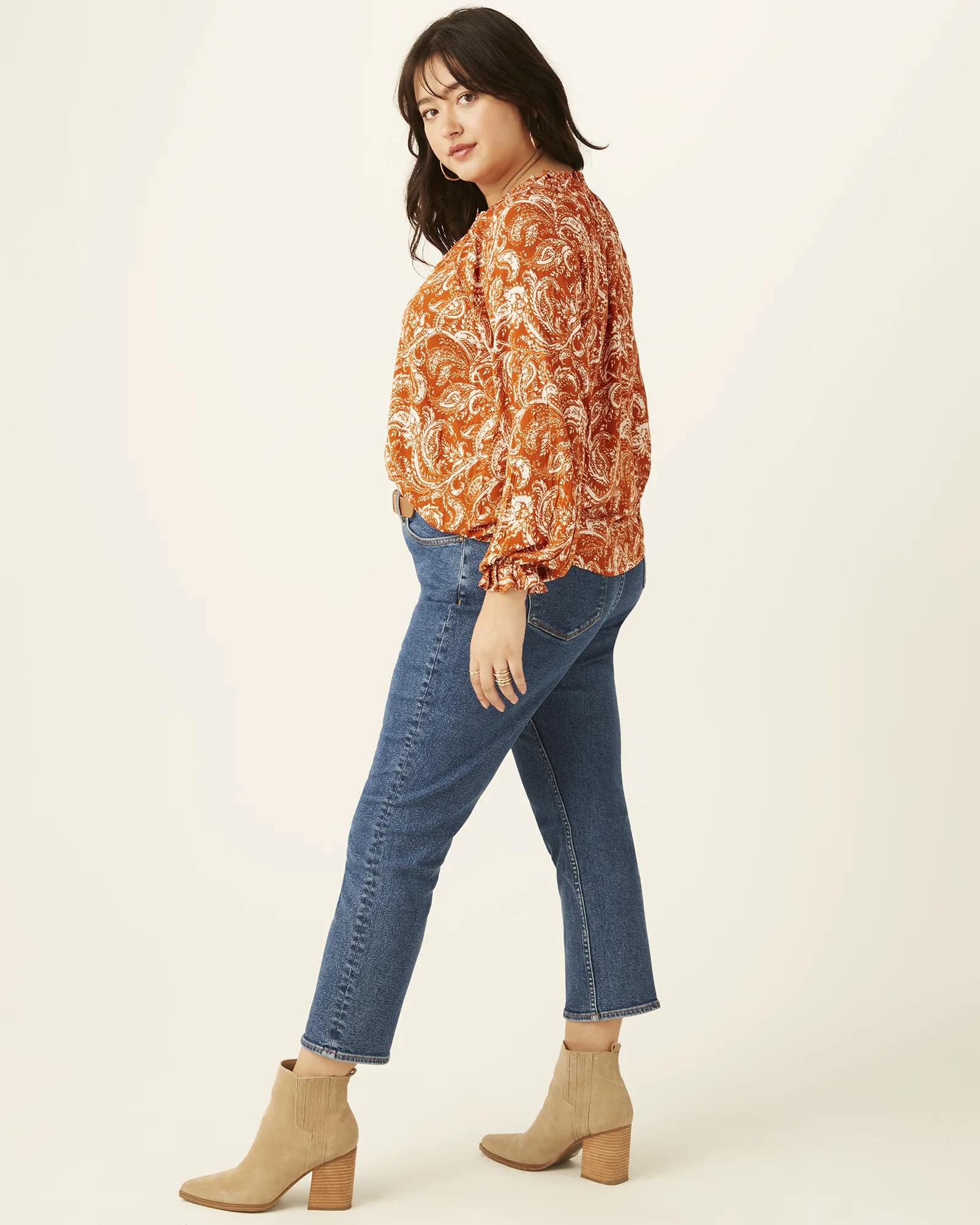 Abigail Button-Front Peasant Blouse | Ivory / Orange