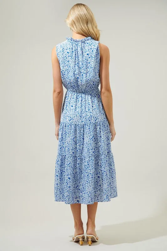 Blue Floral Midi Tie Front Dress