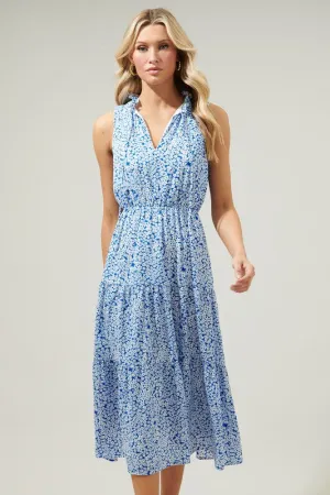 Blue Floral Midi Tie Front Dress