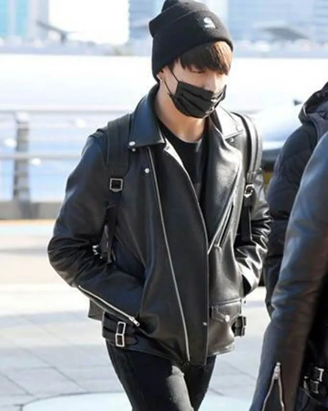 BTS Jungkook Inspired Black Motorcycle Leather Jacket for Men