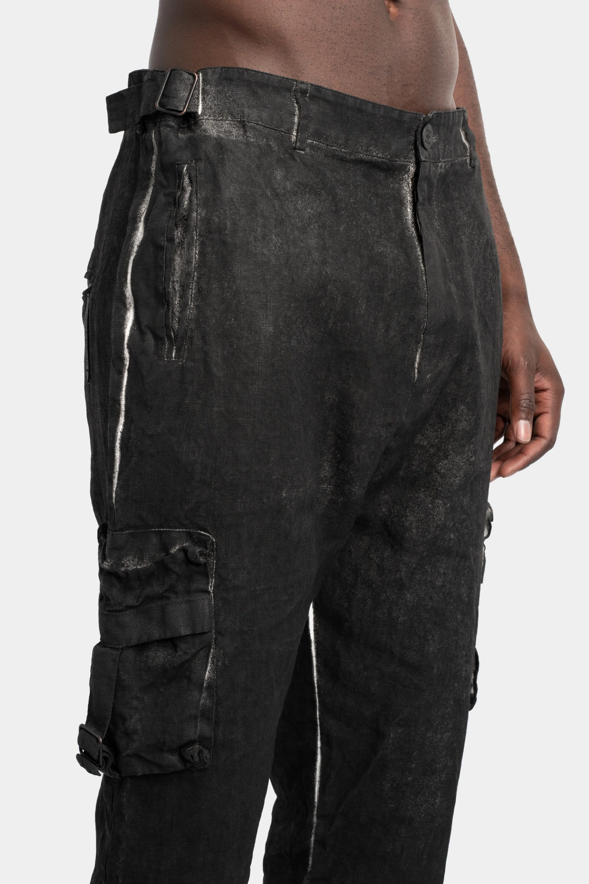 Coated cropped linen pants, Black