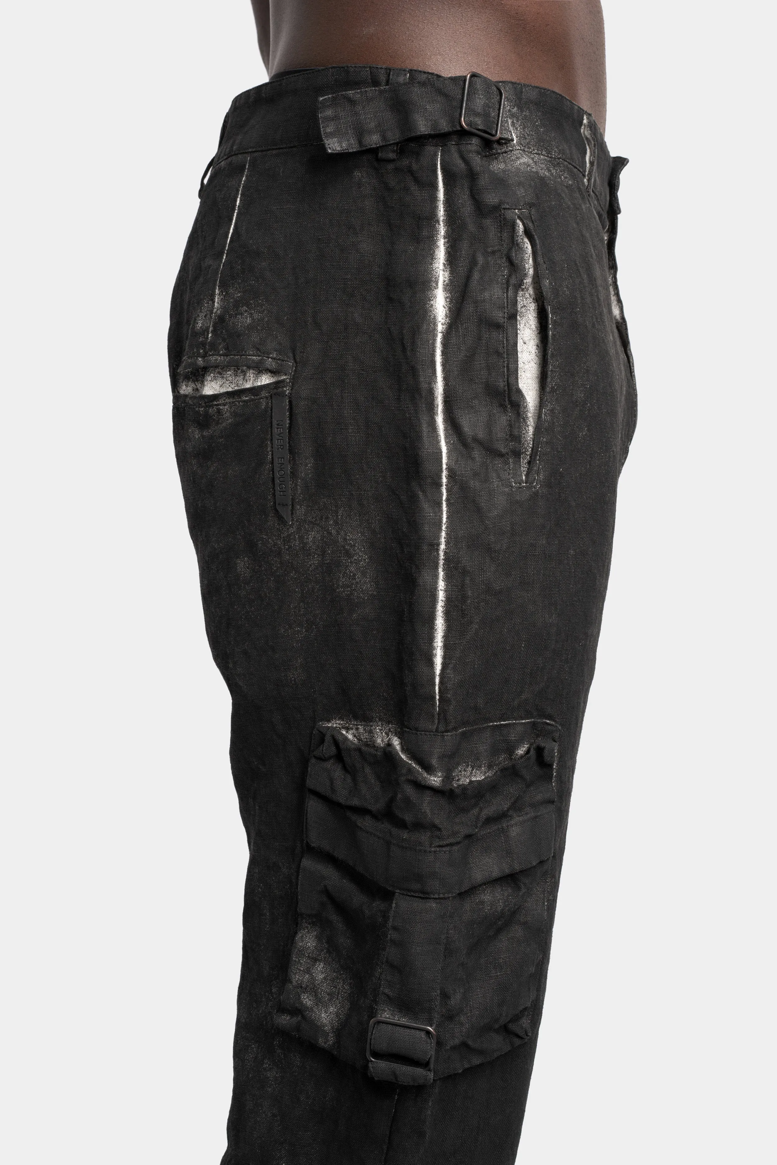 Coated cropped linen pants, Black