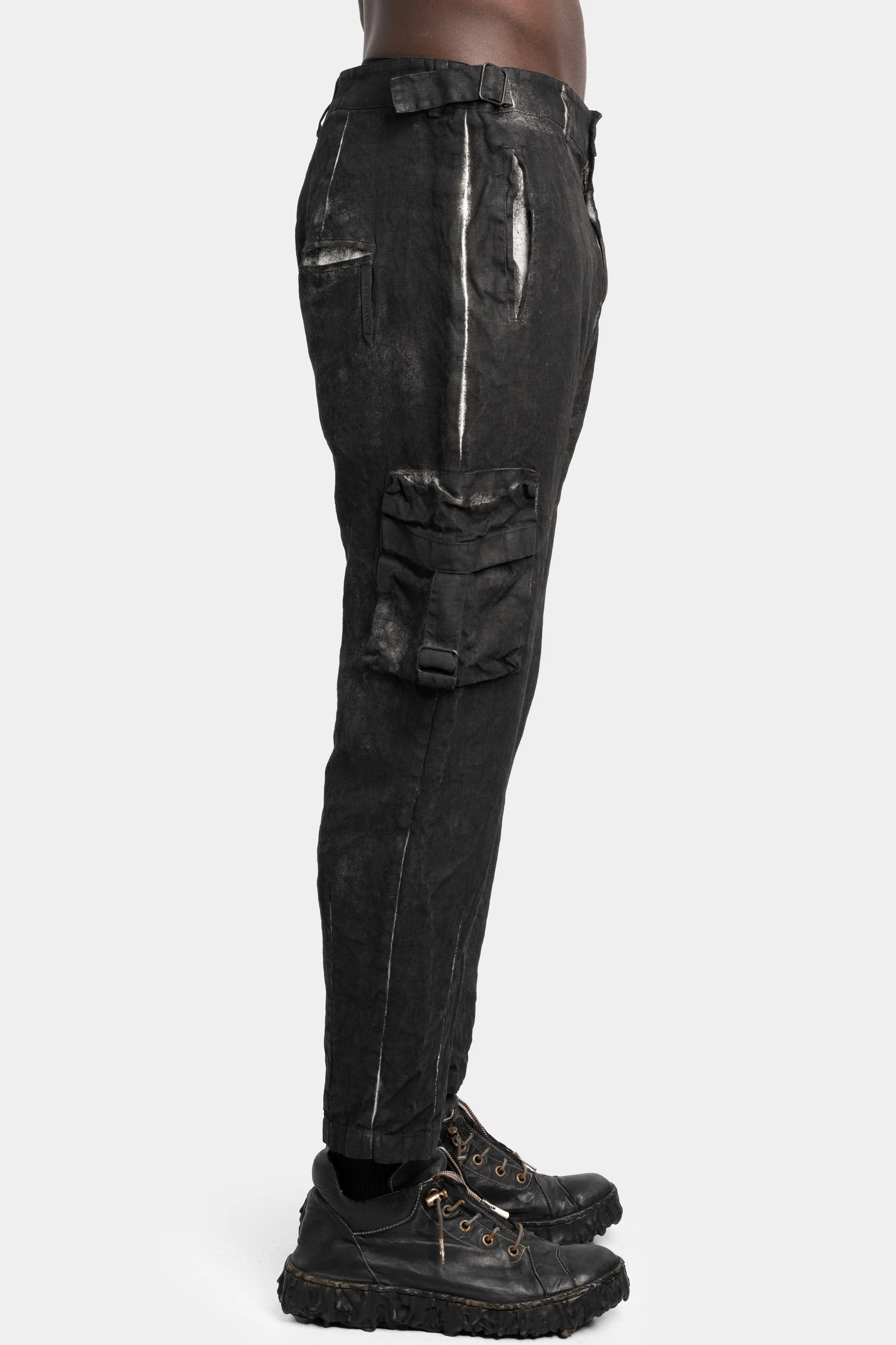 Coated cropped linen pants, Black
