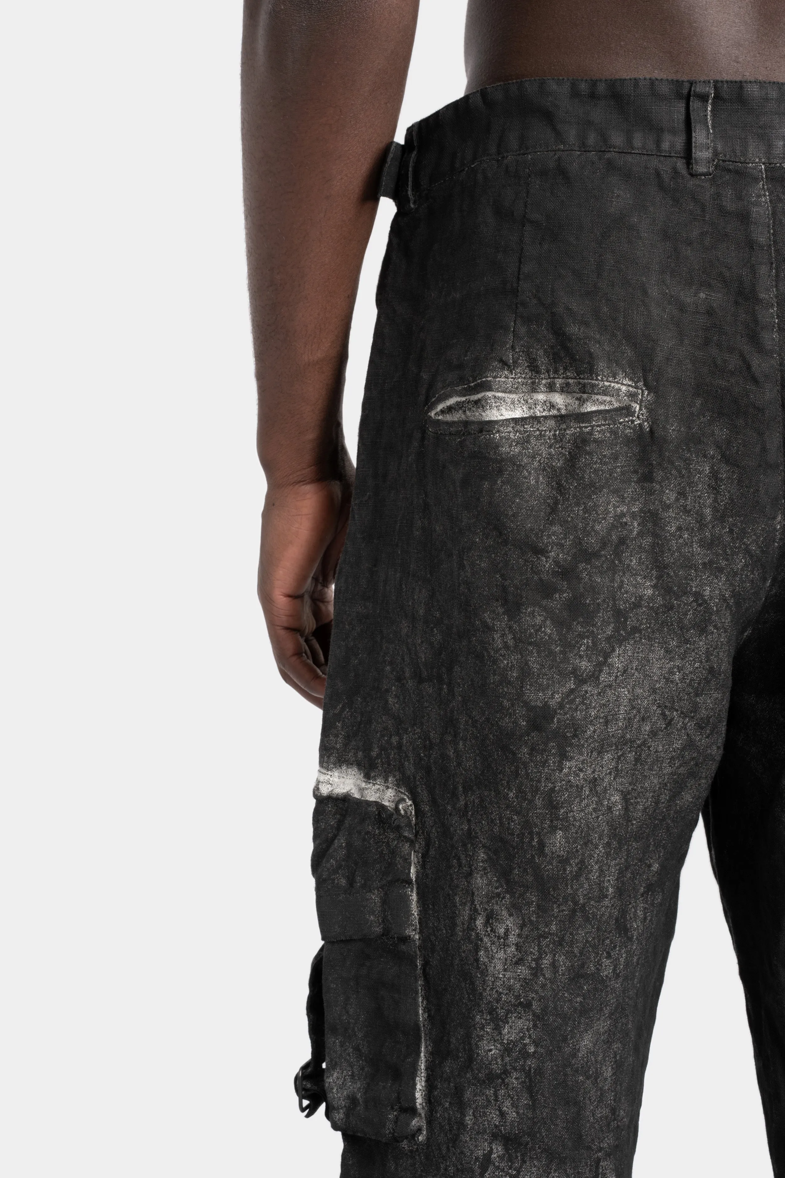 Coated cropped linen pants, Black