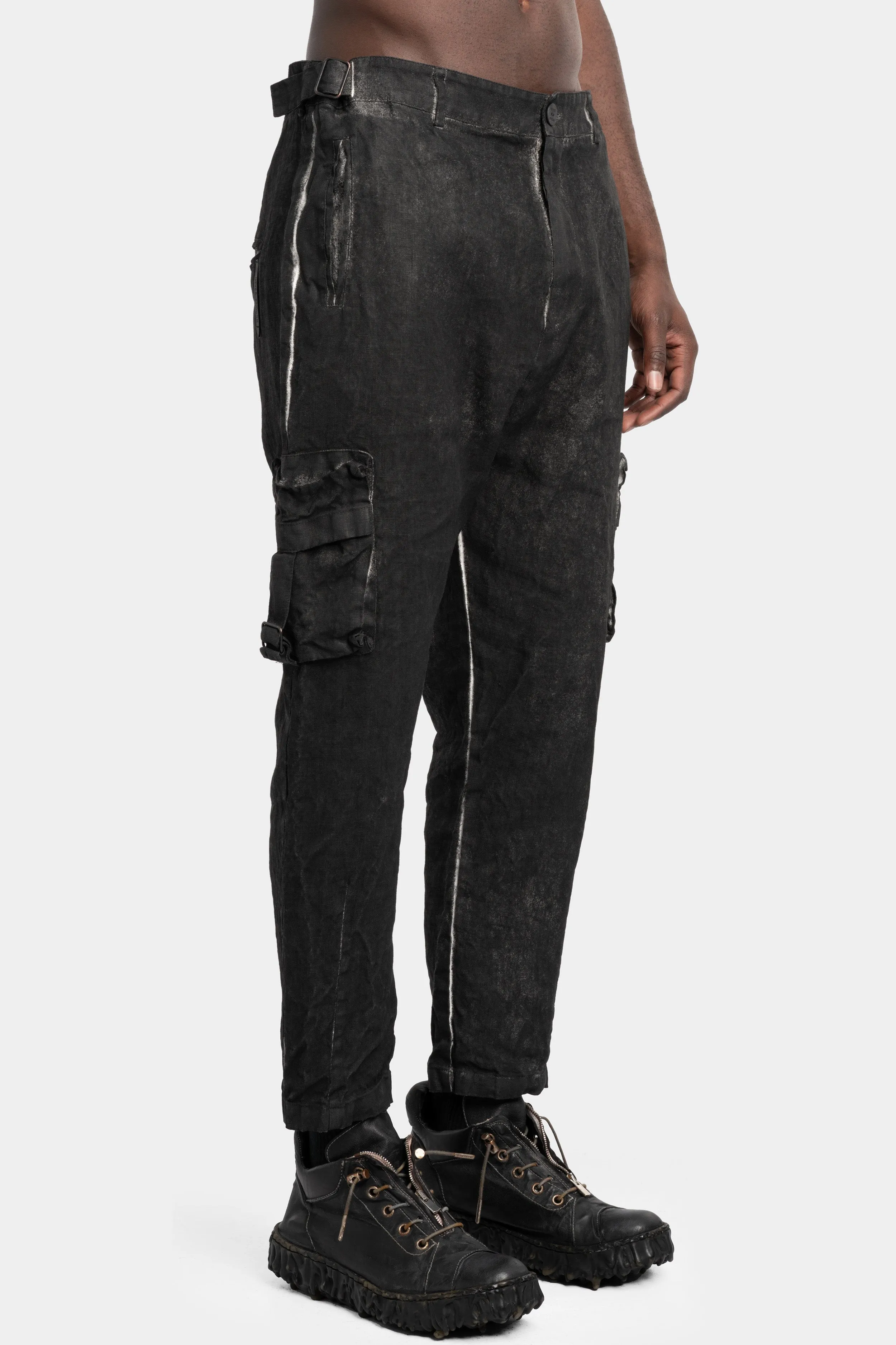 Coated cropped linen pants, Black