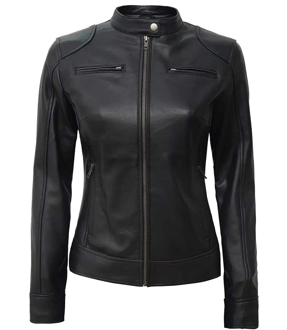 Dodge Women's Petite Black Lambskin Leather Motorcycle Jacket