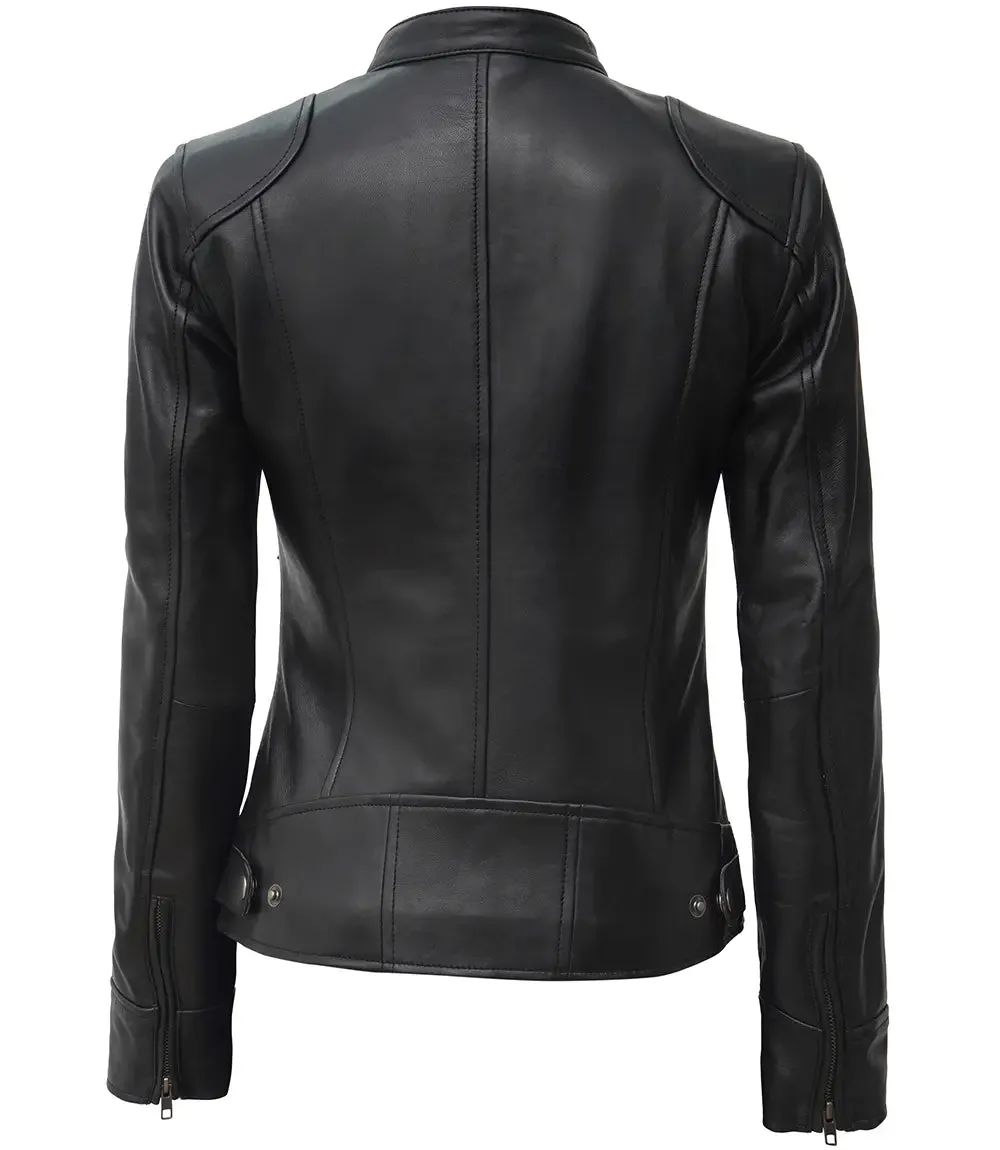 Dodge Women's Petite Black Lambskin Leather Motorcycle Jacket