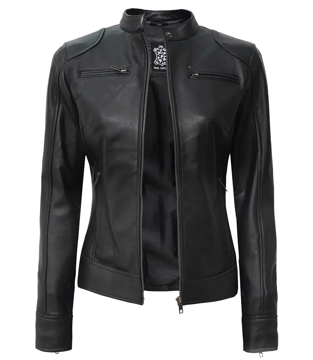 Dodge Women's Petite Black Lambskin Leather Motorcycle Jacket