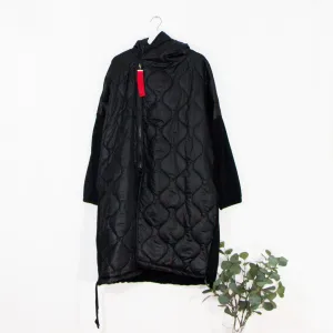 Edgy long puffa parka jacket with hood and drawstring and red zip and patch elements
