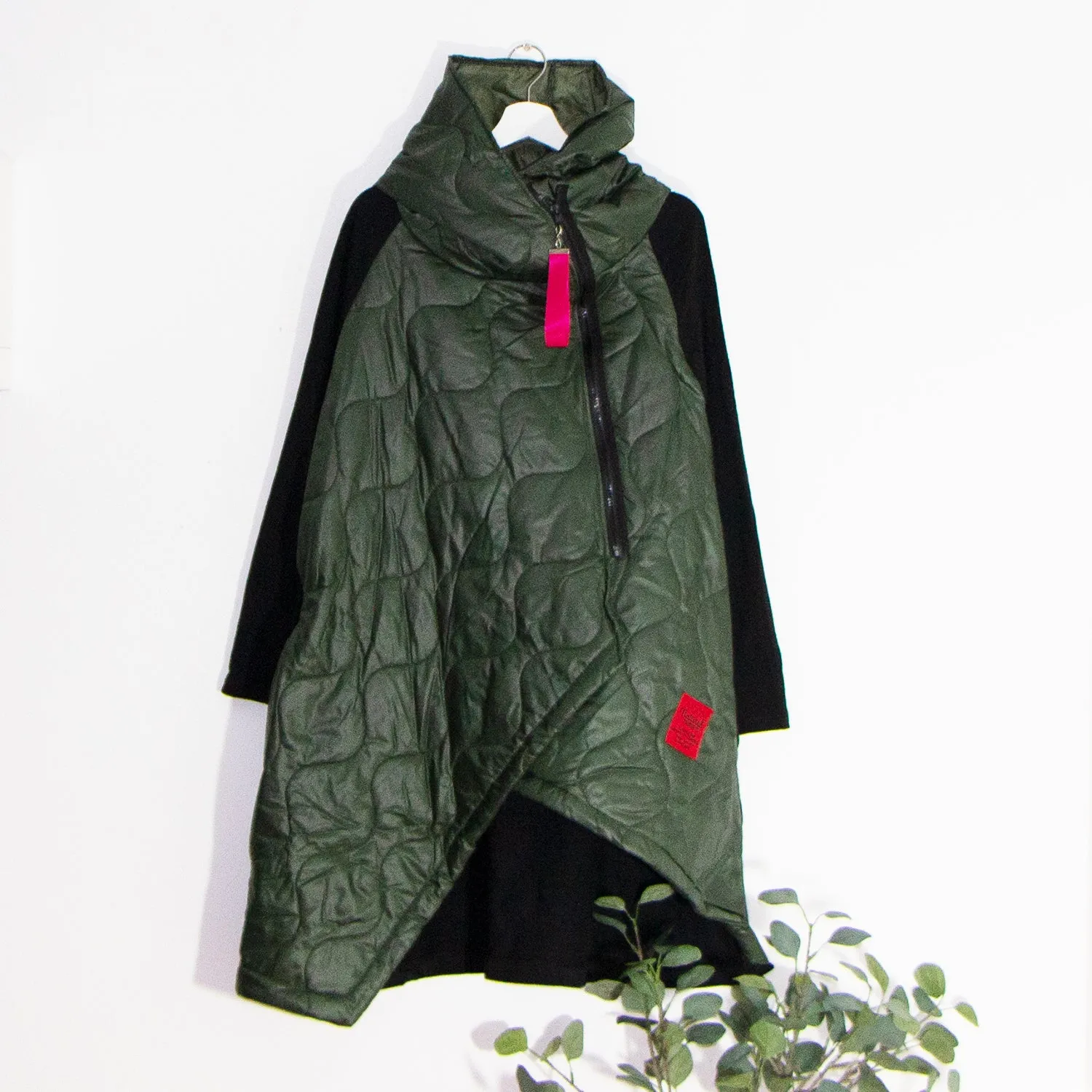 Edgy long puffa parka jacket with hood and drawstring and red zip and patch elements