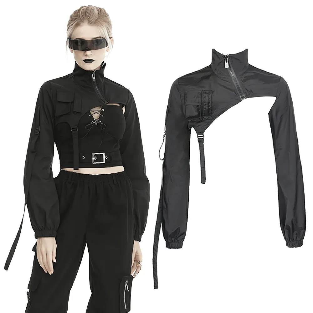Edgy Long Sleeves Crop Jacket with Zipper and Pockets