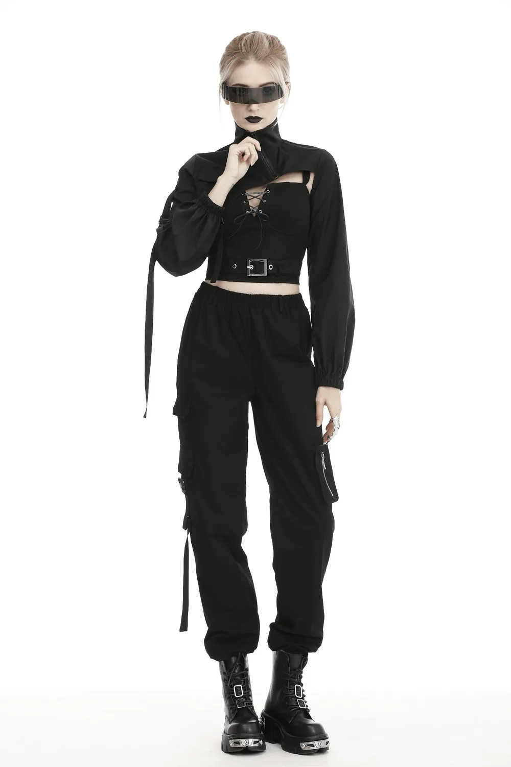 Edgy Long Sleeves Crop Jacket with Zipper and Pockets