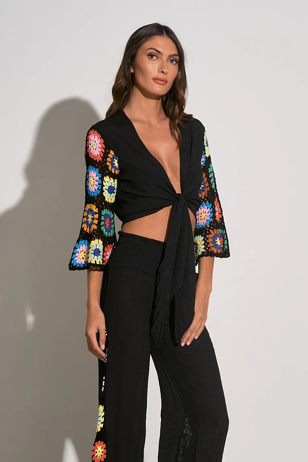 Elan Black Crocheted Tie Front Top