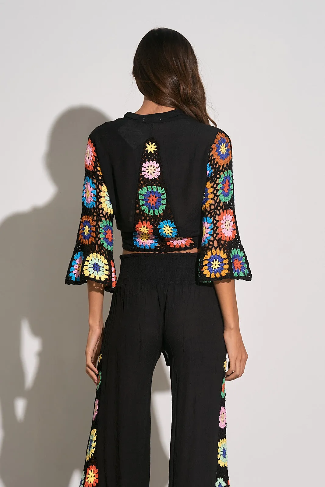 Elan Black Crocheted Tie Front Top