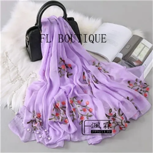 Embroidery Women Silk Scarf For Spring Big Size Soft Muslim Hijab New