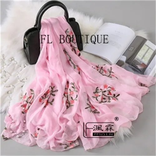 Embroidery Women Silk Scarf For Spring Big Size Soft Muslim Hijab New