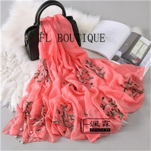 Embroidery Women Silk Scarf For Spring Big Size Soft Muslim Hijab New