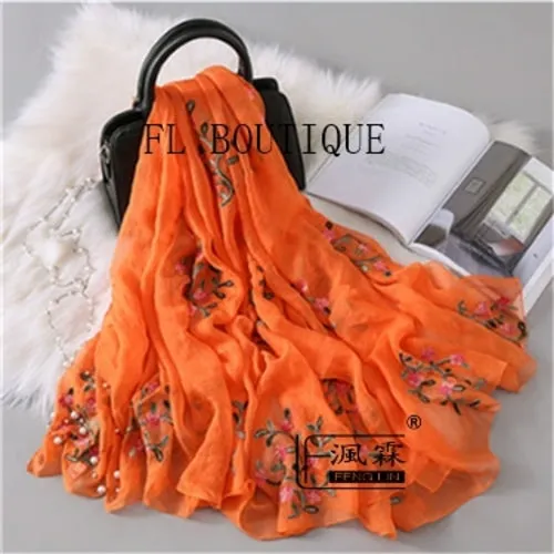 Embroidery Women Silk Scarf For Spring Big Size Soft Muslim Hijab New