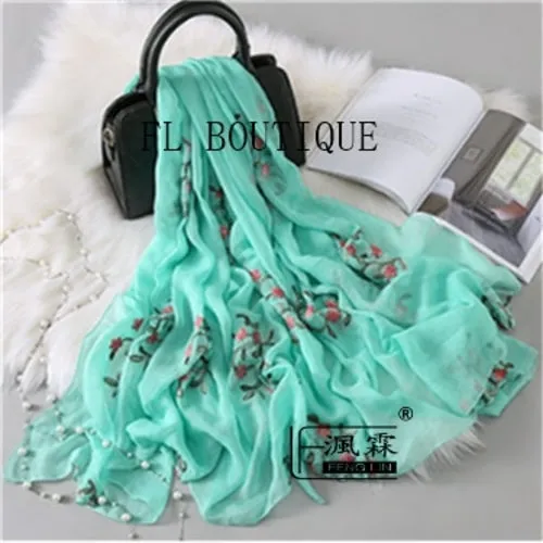 Embroidery Women Silk Scarf For Spring Big Size Soft Muslim Hijab New