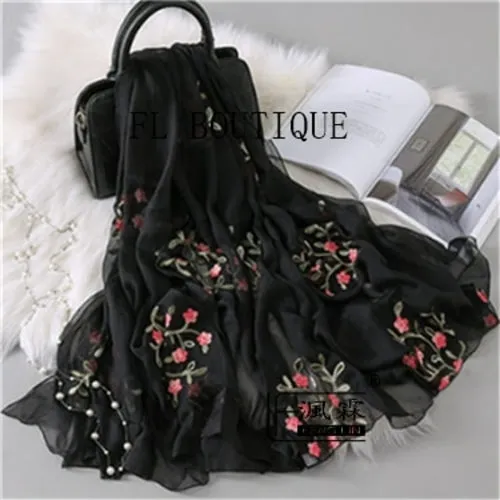 Embroidery Women Silk Scarf For Spring Big Size Soft Muslim Hijab New