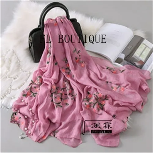 Embroidery Women Silk Scarf For Spring Big Size Soft Muslim Hijab New