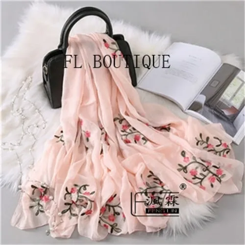 Embroidery Women Silk Scarf For Spring Big Size Soft Muslim Hijab New