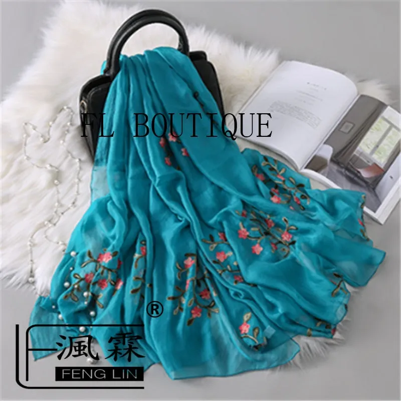 Embroidery Women Silk Scarf For Spring Big Size Soft Muslim Hijab New