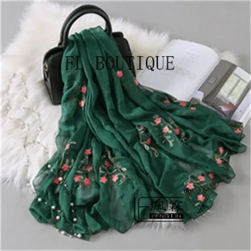 Embroidery Women Silk Scarf For Spring Big Size Soft Muslim Hijab New