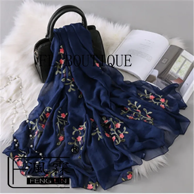 Embroidery Women Silk Scarf For Spring Big Size Soft Muslim Hijab New