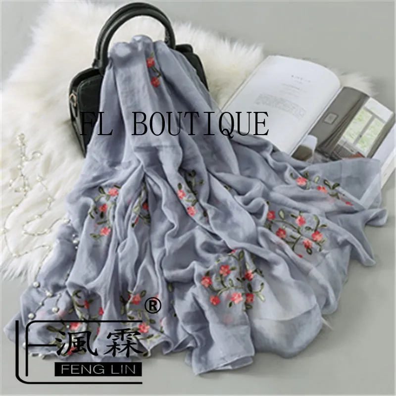 Embroidery Women Silk Scarf For Spring Big Size Soft Muslim Hijab New