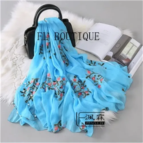 Embroidery Women Silk Scarf For Spring Big Size Soft Muslim Hijab New