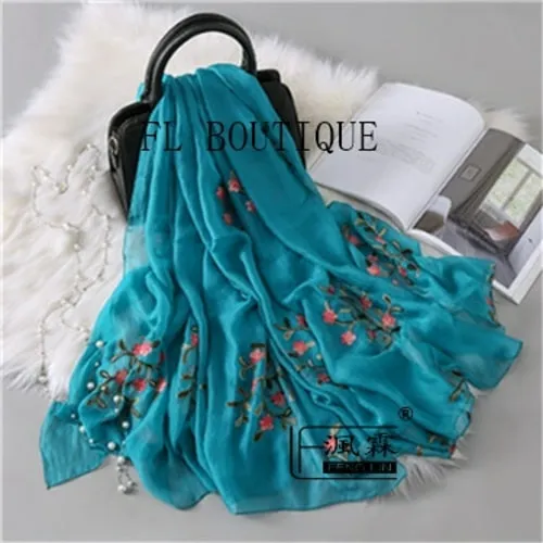 Embroidery Women Silk Scarf For Spring Big Size Soft Muslim Hijab New