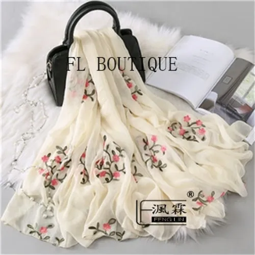 Embroidery Women Silk Scarf For Spring Big Size Soft Muslim Hijab New