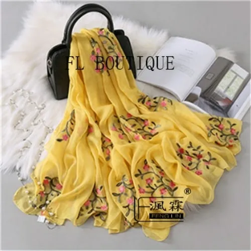 Embroidery Women Silk Scarf For Spring Big Size Soft Muslim Hijab New
