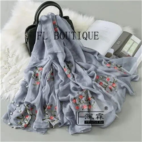 Embroidery Women Silk Scarf For Spring Big Size Soft Muslim Hijab New