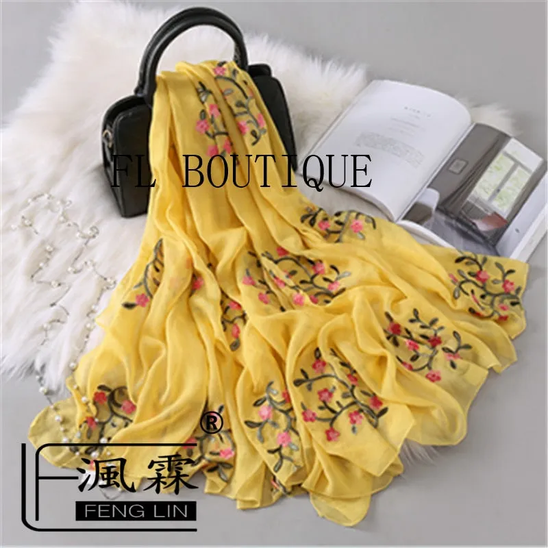 Embroidery Women Silk Scarf For Spring Big Size Soft Muslim Hijab New