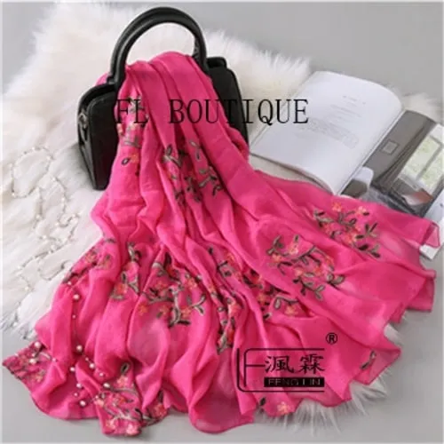 Embroidery Women Silk Scarf For Spring Big Size Soft Muslim Hijab New
