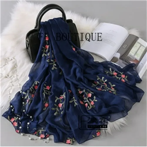 Embroidery Women Silk Scarf For Spring Big Size Soft Muslim Hijab New