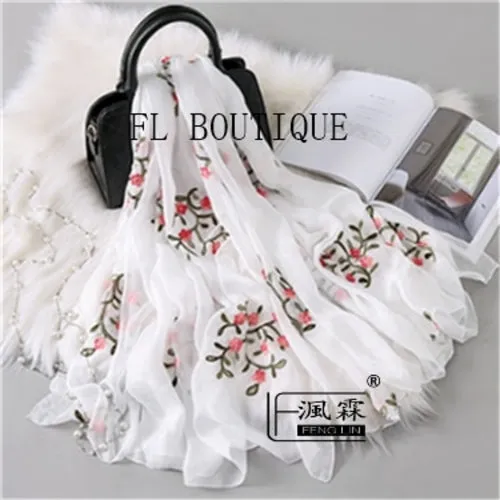 Embroidery Women Silk Scarf For Spring Big Size Soft Muslim Hijab New