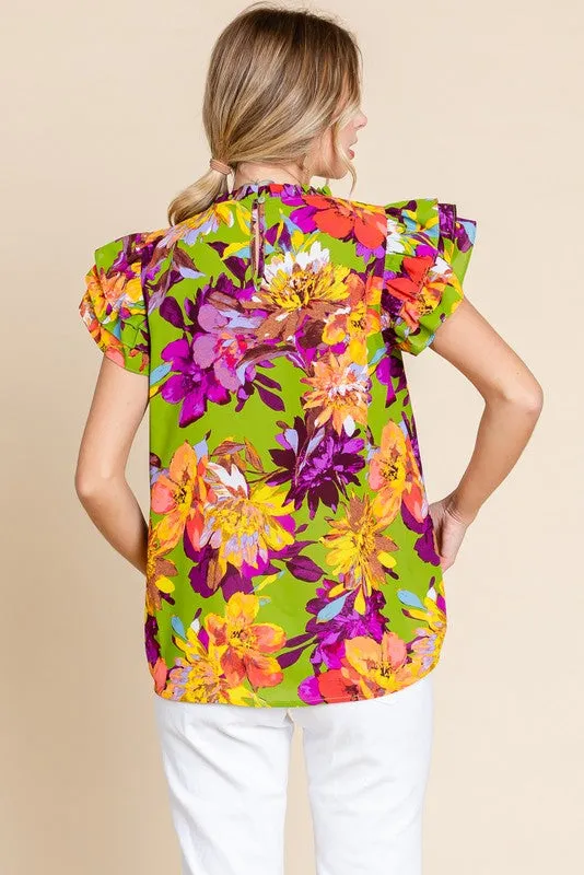 Fall Floral Ruffle Sleeve Top
