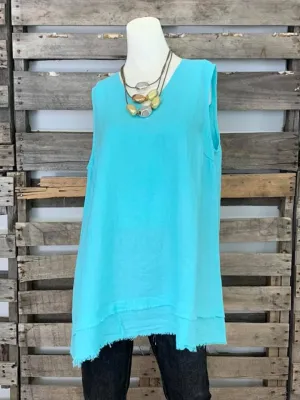 FBT918 FRAYED EDGE TANK TOP-Aqua