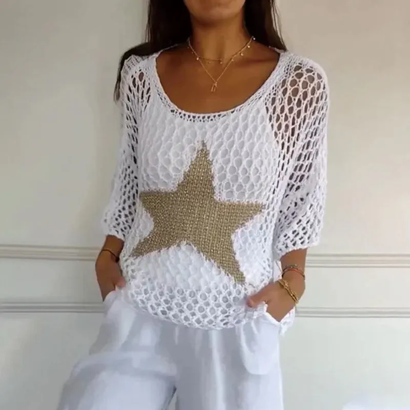 Five-Star Round Neck Hollow Crochet Tops