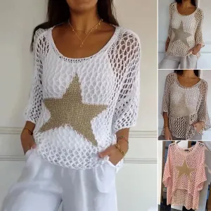 Five-Star Round Neck Hollow Crochet Tops