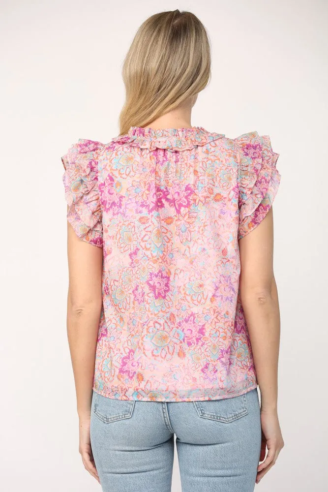 Floral Frill Neck Flutter Sleeve Top