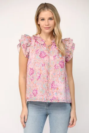Floral Frill Neck Flutter Sleeve Top