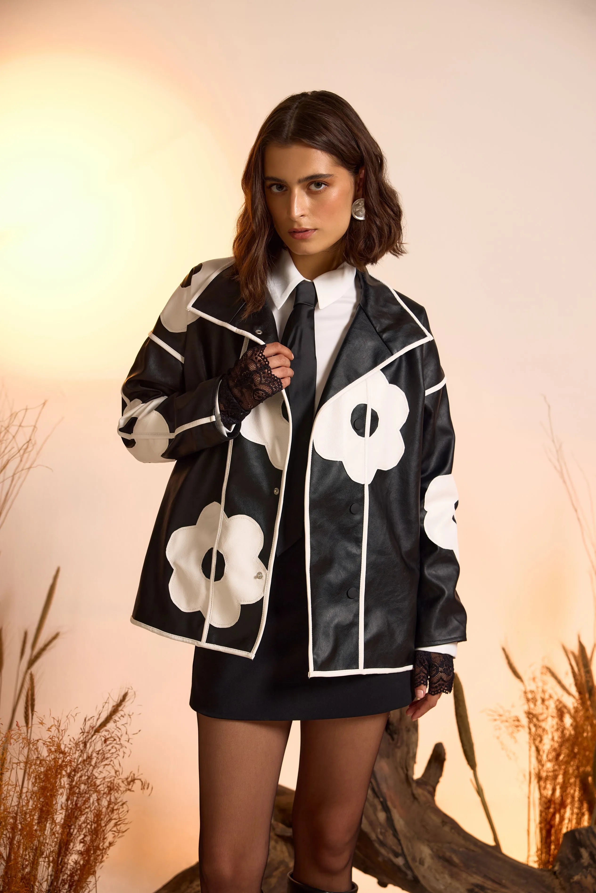 Flower Applique Faux Leather Jacket