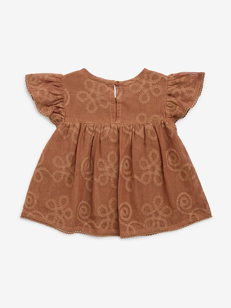 HOP Kids Brown Embroidered Cotton-Blend Peplum Top