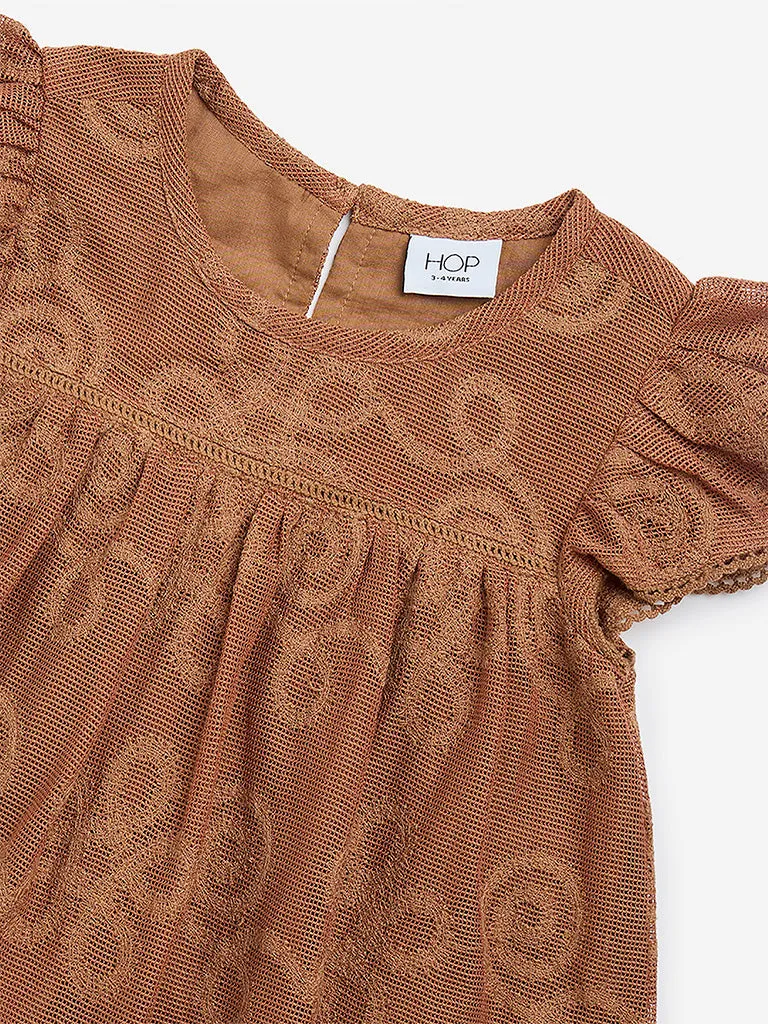 HOP Kids Brown Embroidered Cotton-Blend Peplum Top