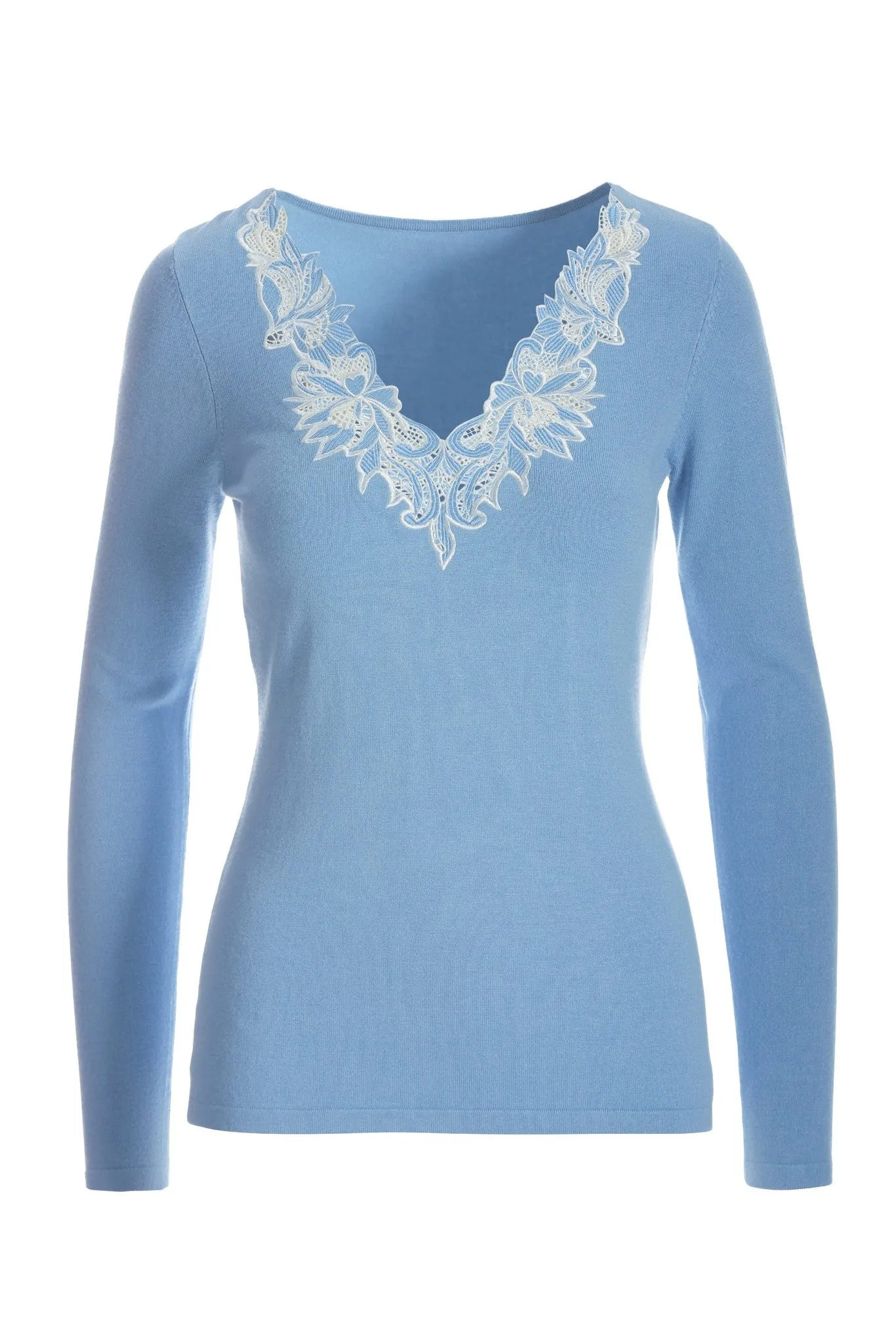 Lace V Neck Fine Gauge Sweater Airy Blue