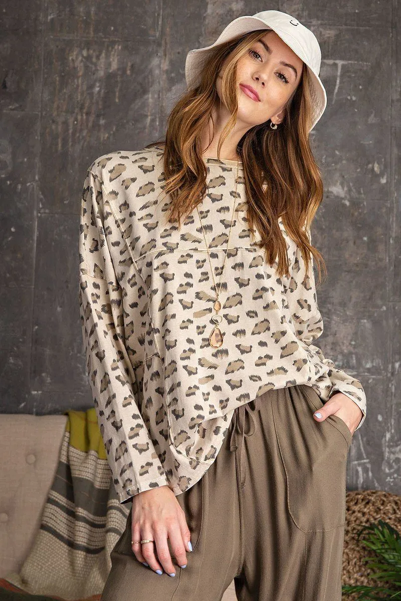 Leopard Printed Garment Dye Loose Fit Knit Top in Tan